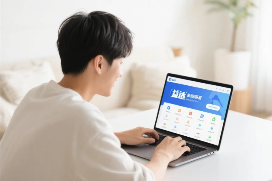 一位年轻用户在明亮舒适的室内环境中愉快地使用笔记本电脑，屏幕上展示喜乐客户端新版界面